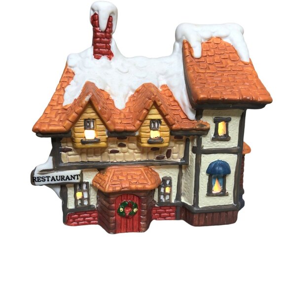 Christmas House Snow Village Miniature Lighted Restaurant Vintage Holiday Decor - Picture 1 of 7